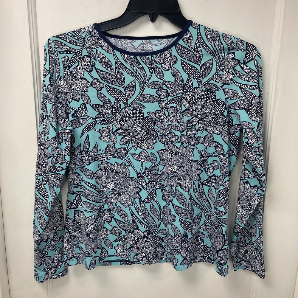 Lands' End Swim Shirt Women's MTeal Blue Floral Long Sleeve Rash Guard